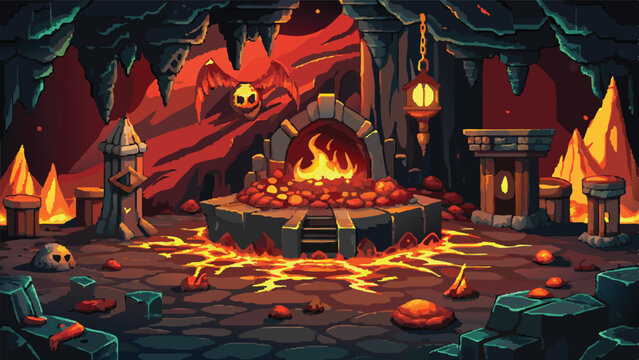 Pixel Art Fantasy Dragon&rsquo;s Lair Background &ndash; Lava Cave Scene with Dragon Treasure in Retro RPG Pixel Style