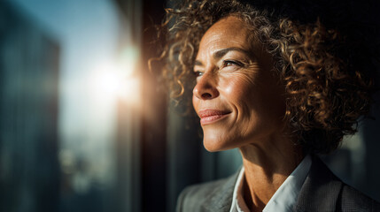 smiling senior black business woman in office portrait wearing shirt and jacket looking out window in sunshine	