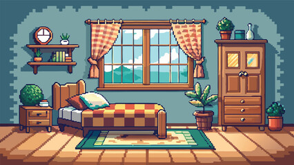 Pixel Art Cozy Cottage Bedroom Interior Background – Fantasy Room View in Retro Pixel Style