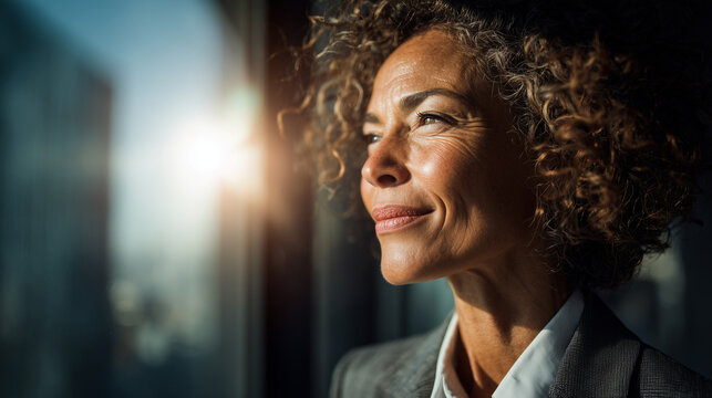 smiling senior black business woman in office portrait wearing shirt and jacket looking out window in sunshine	