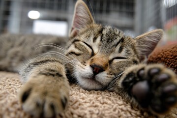 Curious Tabby Cat Relaxing Indoors, Looking Directly at Camera, Detailed Fur Pattern, Close-Up Portrait, Concept of Pet Care, Feline Companionship, and Domestic Animals