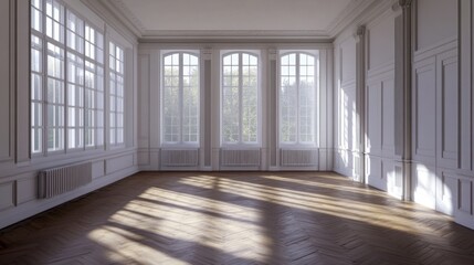 Fototapeta premium Sunlit Empty Room with Large Windows and Wood Floors