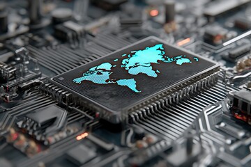 Global technology world map on microchip motherboard computer circuit board technology background  char