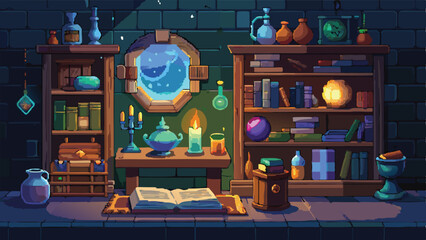 Pixel Art Fantasy Wizard’s Study Background – Magical Room Scene in Retro RPG Pixel Style