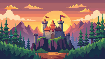 Pixel Art Medieval Castle Background – Fantasy Fortress View in Retro Pixel Style