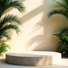 Fototapeta premium Sunlit Stone Pedestal and Palm Silhouette