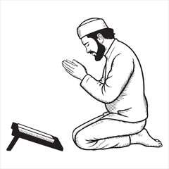 Muslim Man Kneeling in Prayer Monochrome Islamic Forgiveness Scene