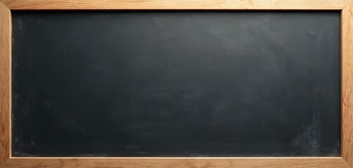 Empty black chalkboard wooden frame. Dark surface with smudges textures. Ideal for education, school, business, presentation design. Empty space to write chalk text. Versatile backgrounds.