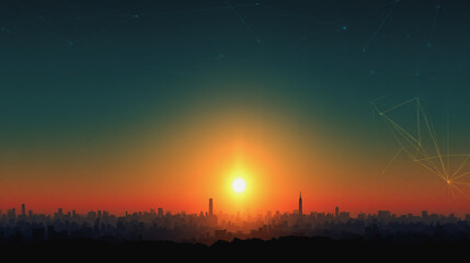 Smart digital Innovation city with connection network reciprocity over the sunset cityscape. of future wireless digital city and social media networking systems that connects people with in city