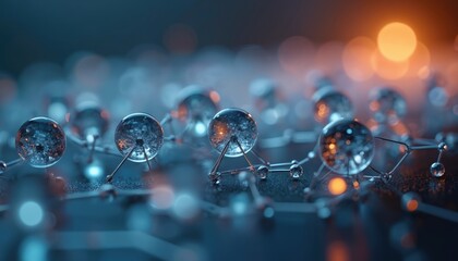 Innovative tech illustration nanotechnology future. Blurred scene features microscopic molecular structure. Futuristic tech background for science, research, tech presentations investment projects.