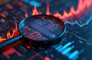 Illustration of rising web traffic graphs with magnifying glass over keyword search bar. SEO audit, analysis concept. Data analysis, search engine optimization, website, online marketing, performance