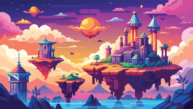 Pixel Art Fantasy Sky Background with Floating Islands &ndash; Dreamy Floating Landscape Scene