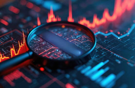 Illustration of rising web traffic graphs with magnifying glass over keyword search bar. SEO audit, analysis concept. Data analysis, search engine optimization, website, online marketing, performance