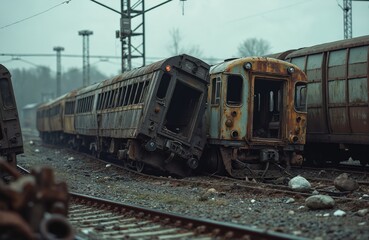 Obraz premium Train cars wrecked in yard after massive accident. Derailment, collision. Damaged carriages on railway track. Catastrophe shows severe destruction. Disaster aftermath., industrial post-apocalyptic
