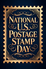 Obraz premium National U.S. Postage Stamp Day envelope-themed poster with stamps, postmarks, and wavy marks
