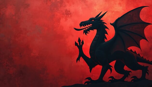 Welsh dragon silhouette against red textured background. Dragon symbol of Wales. Illustration represents powerful, historic, mythical, legendary fantasy themes. Design uses space for text, design
