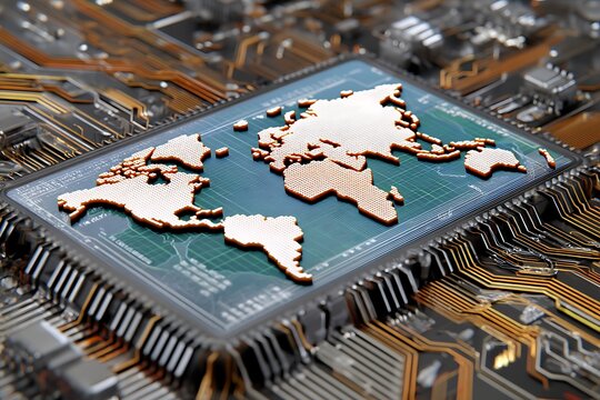 Global tech world map on computer chip technology and circuit board for innovation and connectivity