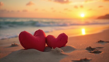 Romantic scene with two red heart-shaped objects on sandy beach during sunset. Beach, sea and warm sunlight. Symbol of love, Valentine Day, wedding or honeymoon concept.