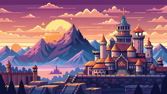 Pixel Art Grand Royal Kingdom Background &ndash; Fantasy Castle View with Majestic RPG Scenery