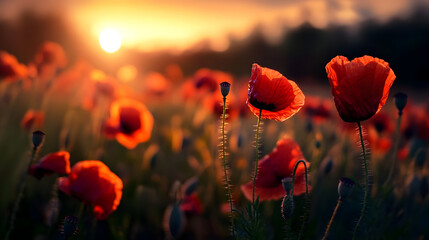 Obraz premium A stunning view of wild poppies swaying in the breeze, their red petals bright against the soft green of the grass, with the sun beginning to set on the horizon.