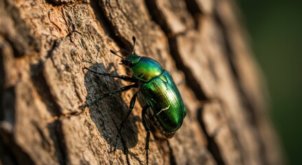 Close-up of a vibrant green beetle crawling on textured tree bark in nature