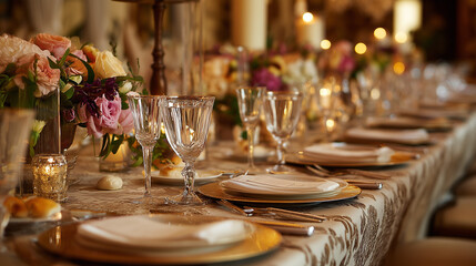 A romantic table setting for a wedding reception includes soft linens, candles, and personalized name cards.

