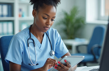 African American nurse reviewing patient data on tablet at hospital office. Medical assistant wearing scrubs, stethoscope around neck. Woman works at desk, focused on digital information,