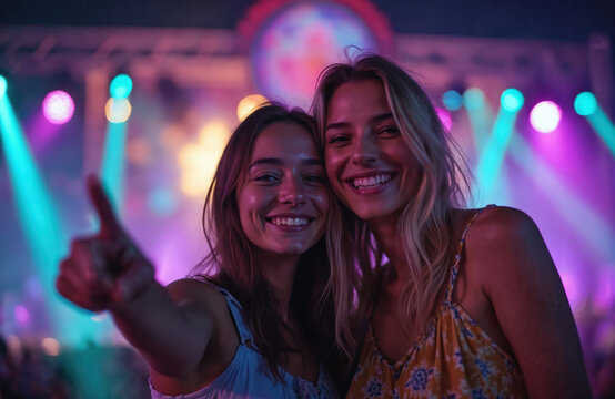 Two young women smile at camera on summer music festival. Friends have fun at night party, bright stage lights, bokeh effect in background. People enjoy concert, electronic dance music. - Powered by Adobe