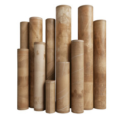 Textured paper rolls in various sizes and shades of brown create artistic display, evoking sense of creativity and craftsmanship