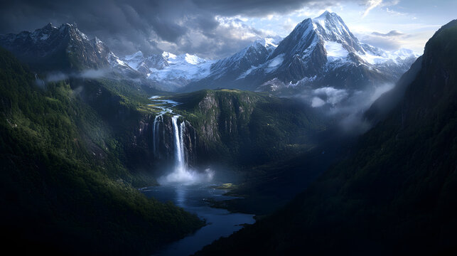 A stunning waterfall flowing from a high-altitude mountain ridge, surrounded by snow-capped peaks and glistening alpine lakes below.