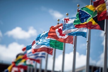 A row of international flags waving in the wind under a blue sky with light clouds