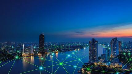 Fototapeta premium Smart digital Innovation city with connection network reciprocity over the sunset cityscape. of future wireless digital city and social media networking systems that connects people with in city