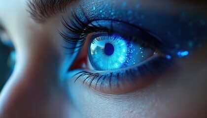 Fototapeta premium Close-up of human eye with blue eyeliner, futuristic blue glow. Beauty, makeup. Eye health supplement advertisement. Vision care, cosmetic product, aesthetic concept, modern digital technologies.