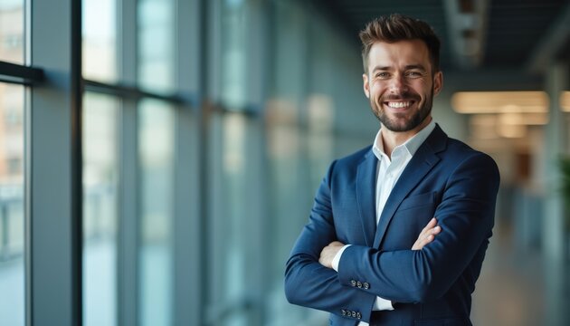 Smiling businessman in blue suit stands at office, looking to camera. Corporate environment with bright windows. Confident, happy male ready for career, business success. Modern, stylish,