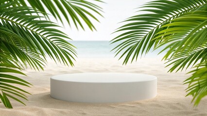 White cylindrical display platform on sandy beach with palm fronds