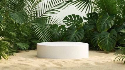 White cylindrical display podium on sand beach surrounded by lush tropical foliage