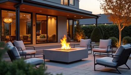 Modern outdoor living space with stylish fire pit during autumn evening. Residential backyard design with seating, creating cozy atmosphere. Gather with friends family in stylish home landscape.