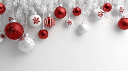 Beautiful Arrangement of Red and White Christmas Ornaments Hanging on a White Tree, Festive Background for Holiday Season, Concept of Seasonal Decoration and Winter Celebrations