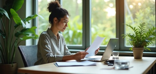 Business woman works at office with laptop, documents, green plants. Modern eco-friendly office, natural light, big windows, green view. Successful business, startup project concept, eco-friendly