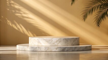 Two-tiered marble display podium in sunlit room with palm shadows
