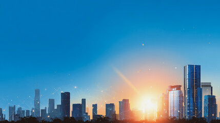Fototapeta premium Smart digital Innovation city with connection network reciprocity over the sunset cityscape. of future wireless digital city and social media networking systems that connects people with in city