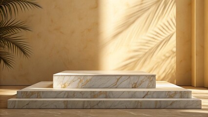 Three-tiered marble display platform with palm shadow, beige background