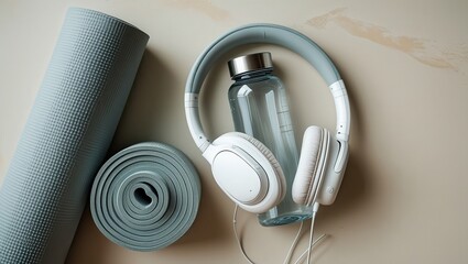 Rolled yoga mat with headphones and water bottle on a light colored surface overhead view flat lay