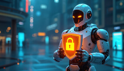 Futuristic robot guardian protects data with shield, lock symbol. Cyber security concept, digital privacy, ai, technology. Robot in city night lights. Secure, confidential, safeguard, information.