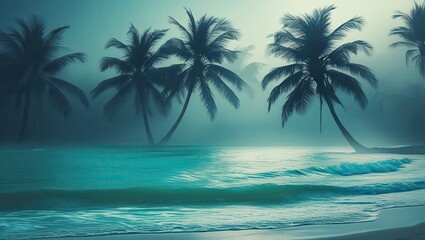 A misty tropical beach with palm trees and turquoise water under a hazy sky at early morning