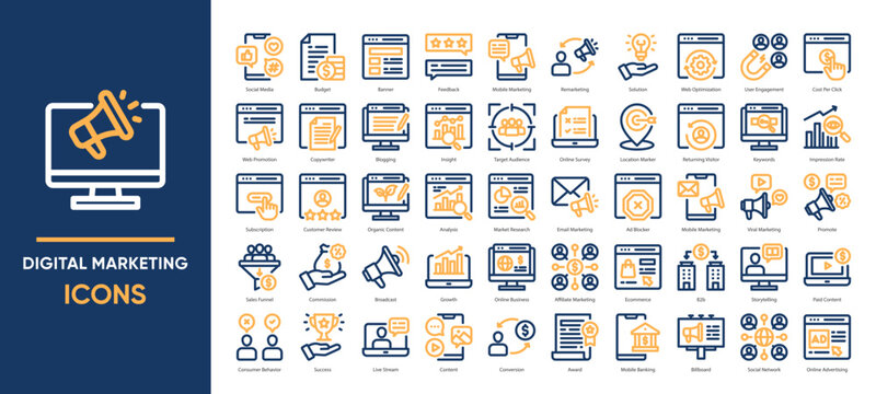Digital marketing icons collection set, covering social media, SEO, content creation, email marketing, and analytics. Ideal for campaigns, websites, presentations, and marketing strategies. - Powered by Adobe