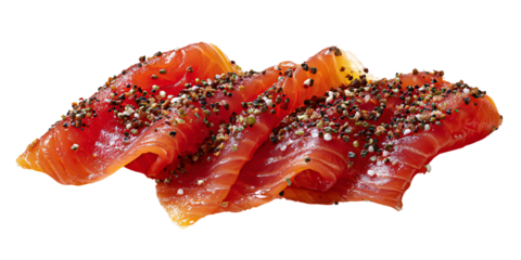 Delicious smoked salmon slices with everything bagel seasoning on a black background Gourmet seafood appetizer or ingredient concept for healthy eating and culinary use