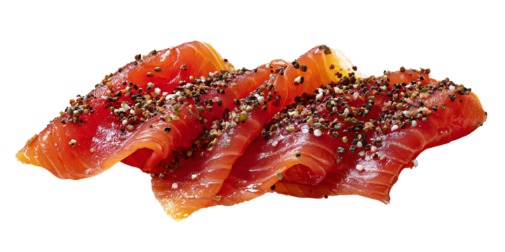 Delicious smoked salmon slices with everything bagel seasoning on a black background Gourmet seafood appetizer or ingredient concept for healthy eating and culinary use