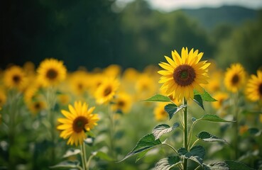 Obraz premium Sunflower field blossoms in sunlight. Yellow flower petals against green leaves. Bright, sunny, floral landscape. Summer nature, health, beauty, botany.