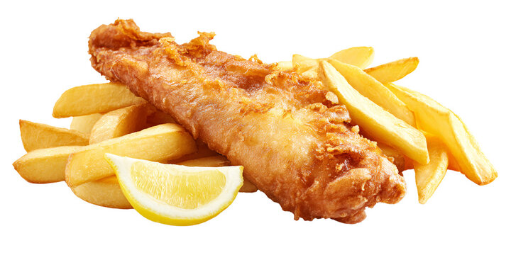 Crispy battered fish and chips with lemon wedge, a classic takeaway meal Concept of comfort food, fast food, and British cuisine